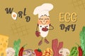 World egg day. Cute funny egg with cartoon comic vegetables, bacon, chees, mushrooms. Vector illustration with cartoon characters Royalty Free Stock Photo