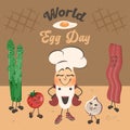 World egg day. Cute funny egg with cartoon comic vegetables and bacon. Happy cartoon characters celebrating. Vector flat Royalty Free Stock Photo
