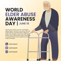 World elder abuse awareness day background with an old man walking with a walker