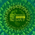 World Enviroment day - Yellow text on globe world texture in circle layers green leaf around vector design