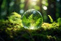 World Environment Day background. Earth day. Glass globe in green forest. Environmental conservation. Green planet. Environmental Royalty Free Stock Photo