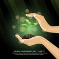 World Environment Day background with hands holding a plant