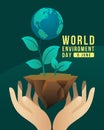 World environment day banner with hand hold care globe tree on earth ground vector design