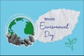 World Environment Day banner. Modern collage with halftone hands and planet Earth. A sheet of paper in the shape of a