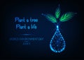 World Environment day banner with water drop, green sprout plant and text on dark blue background Royalty Free Stock Photo