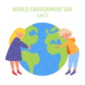 World Environment day concept. Little cute boy and girl are hugging planet. Save the earth. Green day. Concept design Royalty Free Stock Photo