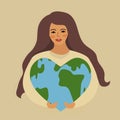 World Environment Day and Earth Day, girl holding a heart shaped planet. Protecting nature ecology concept. Vector