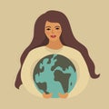 World Environment Day and Earth Day, girl holding planet. Protecting nature ecology concept. Vector illustration