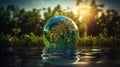 World Environment Day. A glass ball in the form of a planet lies in clear water against the background of sunset. AI Royalty Free Stock Photo