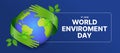 World Environment Day - Green hands sign with hold earth world with leaves branch hold hug around circle globe world on blue Royalty Free Stock Photo