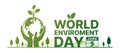 World Environment Day - Green text and hand hold globe world with palnt tree sign on line floor and mountain vector design Royalty Free Stock Photo