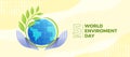 World environment day - hands hold circle globe with branch and leaves roll around on soft yellow curve background vector design