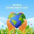 World Environment Day - Hands hold earth world with heart shape and green leaves, flowers, butterflys around on blue sky