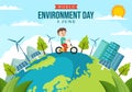 World Environment Day Illustration with Kids and Green Tree for Save the Planet or Taking Care of the Earth in Hand Drawn Royalty Free Stock Photo