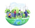 World Environment Day with People are taking care of the earth by gardening and cleaning. save the planet vector illustration Royalty Free Stock Photo