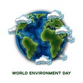 World Environment Day poster template with planet Earth, clouds and text isolated on white background. Royalty Free Stock Photo