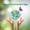 World environment day, sustainable ecology and environmental friendly concept with green earth planet on volunteer`s woman hands.