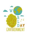 World environment day. Typography poster with Earth globe, tree and clouds.