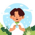 World Environment Earth Day. Boy character holds handful soil with plant sprout seed. Sustainable lifestyle, green, ecological