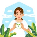 World Environment Earth Day. character woman holds handful soil with plant sprout seed. Sustainable lifestyle, green, ecological