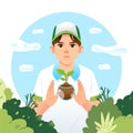 World Environment Earth Day. Man character holds handful soil with plant sprout seed. Sustainable lifestyle, green, ecological