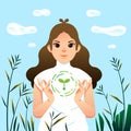 World Environment Earth Day. Woman character holds handful soil with plant sprout seed. Sustainable lifestyle, green, ecological