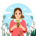 World Environment Earth Day. Young woman character holds handful soil with plant sprout seed. Sustainable lifestyle, green,