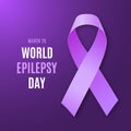 World epilepsy day. Purple ribbon on bright dark violet background. Epilepsy solidarity symbol. Vector illustration Royalty Free Stock Photo