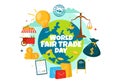 World Fair Trade Day Vector Illustration on 11 May with Gold Coins, Scales and Hammer for Climate Justice and Planet Economic