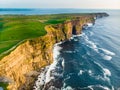 World famous Cliffs of Moher, one of the most popular tourist destinations in Ireland. Aerial view of known tourist attraction on Royalty Free Stock Photo