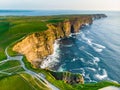World famous Cliffs of Moher, one of the most popular tourist destinations in Ireland. Aerial view of known tourist attraction on Royalty Free Stock Photo