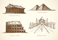 World famous historical monuments. Vector sketch