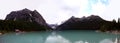 Panoramic view: the world famous lake louise in the canadian Rocky Mountains on a cloudy day Royalty Free Stock Photo