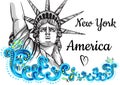 World famous landmark collection. America, New York. Statue of Liberty. Beautiful vector artwork colorful decorated.