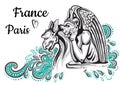 World famous landmark collection. France, Paris. Notre-Dame de Paris. Gargoyles. Beautiful vector artwork colorful decorated.