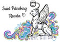 World famous landmark collection. Russia, St. Petersburg. Bank Bridge. Bronze Cats with Golden Wings - Griffins. Vector artwork.