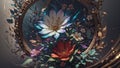 World of fantasy art colorful flowers bloom gracefully in front of a beautifully patterned mirror their vibrant petals.