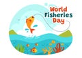 World Fisheries Day Vector Illustration of Fisherman with Fishing Rod on Boat at the Sea to Protecting Aquatic Ecosystems