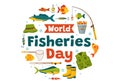 World Fisheries Day Vector Illustration of Fisherman with Fishing Rod on Boat at the Sea to Protecting Aquatic Ecosystems