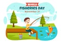 World Fisheries Day Vector Illustration of Fisherman with Fishing Rod on Boat at the Sea to Protecting Aquatic Ecosystems