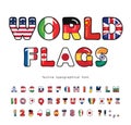 World flags cartoon font. Paper cutout glossy ABC letters and numbers. Bright alphabet for tourism t-shirt, cap design Royalty Free Stock Photo