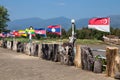 World flags waving at Wat A-Hong Silawas temple, on Mekong river, Tambon Khaisri, Amphoe Bungkan, Nong Khai, Thailand