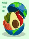 World Food Day. Abundance Of Food. Festive Paper Poster With Halves Of Avocado Fruit, Tomatoes And Watermelon. Flat Vector