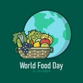 World food day banner - Basket with vegetables , fruits and the globe Filled style sign on green backfround