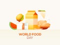 World Food Day concept based poster design with food elements like as burger, sandwich, watermelon, chicken, bread, croissant and