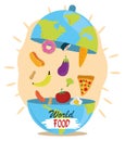 World food day, dish cloche shaped earth with products, healthy lifestyle