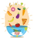 World food day, falling vegetable fruit diet in bowl, healthy lifestyle meal