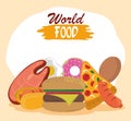 World food day, fast food burger pizza hot dog sausage donut