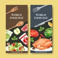 World food day flyer design with chicken, peppermint, salad, apple watercolor illustration