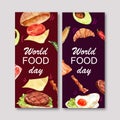 World food day flyer design with hamburger, fried egg watercolor illustration